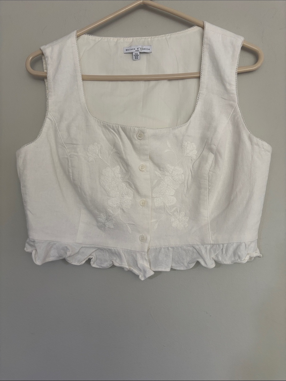 Maison D’Amelia White Linen Embroidered Ruffle Crop Camisole